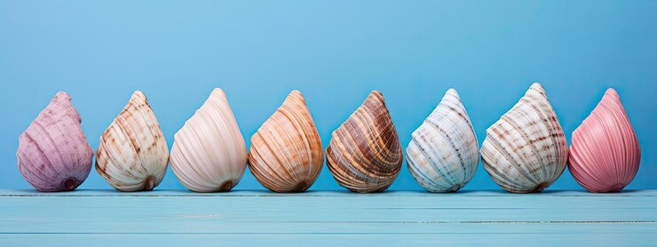 Foto una fila de conchas marinas sobre un fondo azul