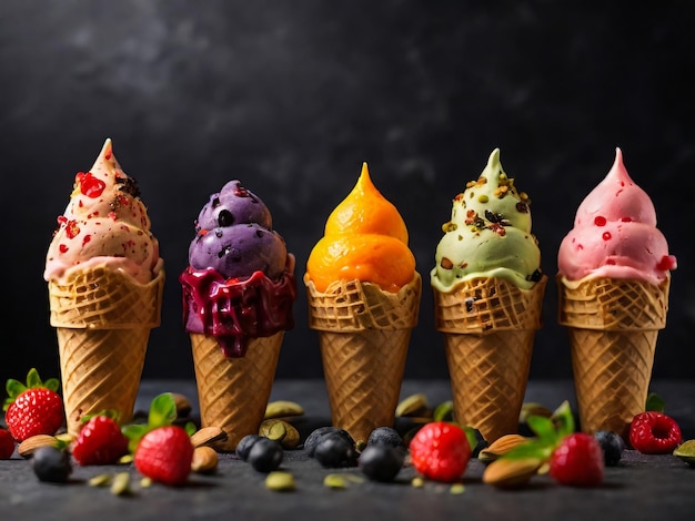 una fila de conos de helado con bayas en ellos