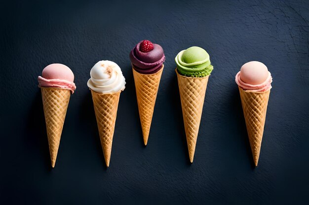 una fila de conos de helado con diferentes colores.