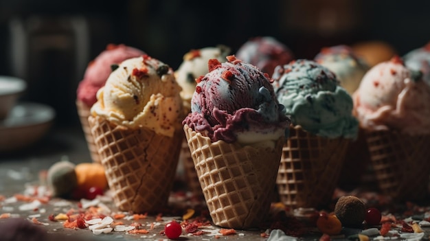 Una fila de conos de helado con diferentes sabores.