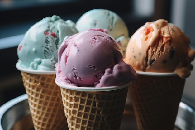 Una fila de conos de helado está sobre una mesa.