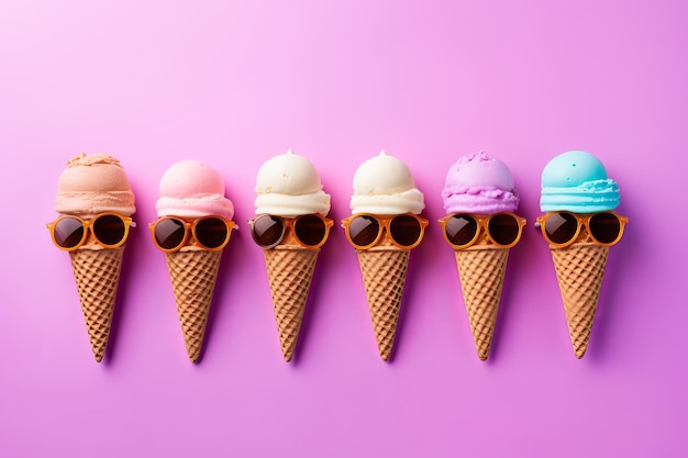 Una fila de conos de helado con gafas de sol.