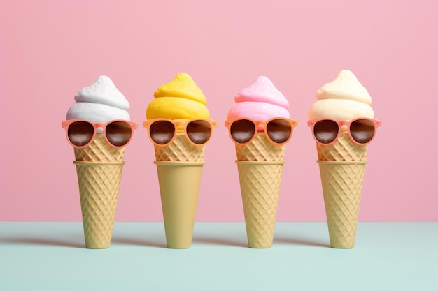 Una fila de conos de helado con gafas de sol.