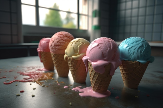 Una fila de conos de helado con uno lleno de diferentes sabores.