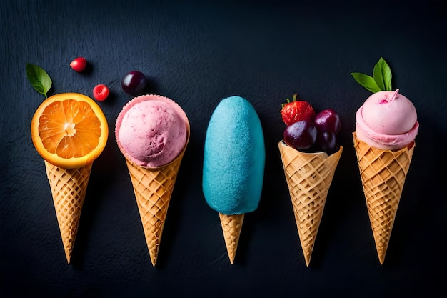 una fila de conos de helado con uno que dice "helado"