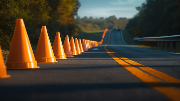 Fila de conos de tráfico en una larga carretera vacía