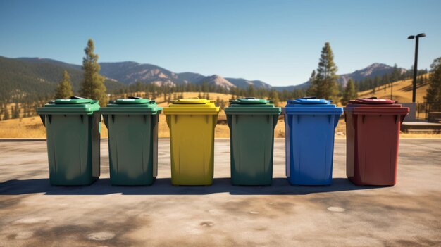 Una fila de contenedores de basura sentados en un estacionamiento