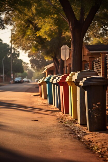 Foto fila de contenedores de basura verdes en la calle fila de contenidores de wheelie orientación vertical