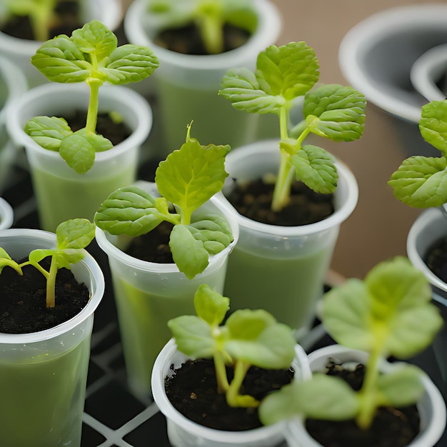 una fila de copas con hojas de menta y una hoja verde