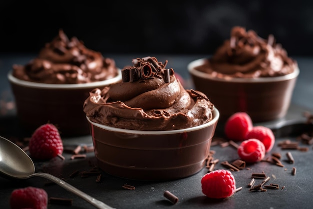 Una fila de copas de mousse de chocolate con frambuesas encima.