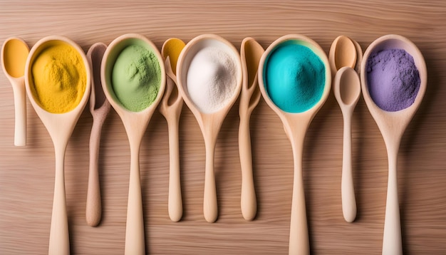 Foto una fila de cucharas con diferentes colores en ellos