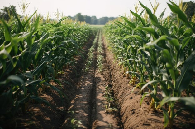 Fila de cultivos genéticamente modificados que crecen en el campo creado con ai generativo