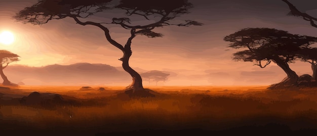 Fila de acácia africana contra o céu crepuscular paisagem de banner de ilustração vetorial silhueta de pacotes no arranha-céus