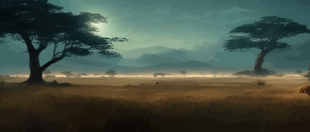 Fila de acácia africana contra o céu crepuscular Paisagem de banner de ilustração vetorial Silhueta de pacotes no arranha-céus