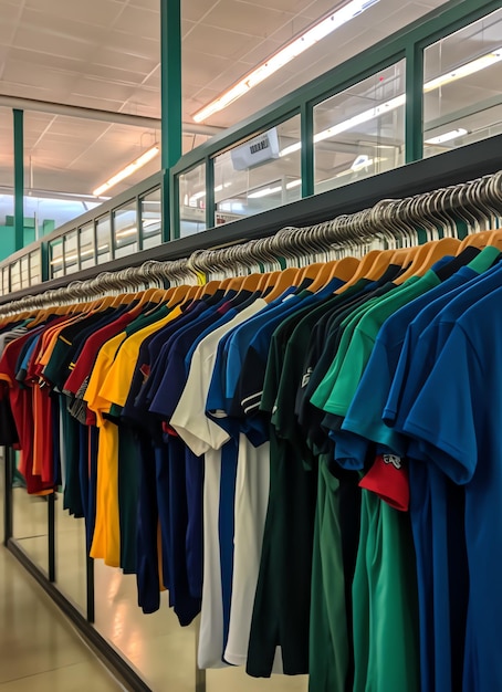 Fila de camisetas polo da moda para homem em cabide de madeira ou rack em uma loja de varejo de roupas