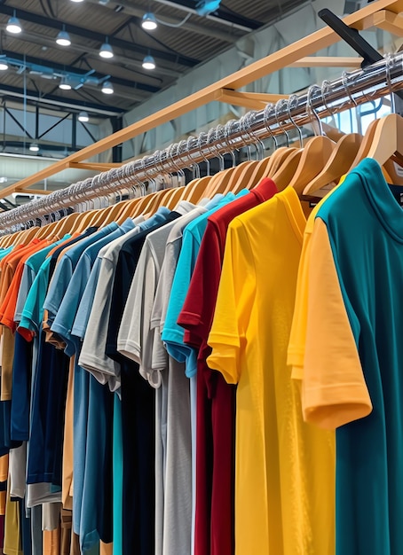 Fila de camisetas polo da moda para homem em cabide de madeira ou rack em uma loja de varejo de roupas