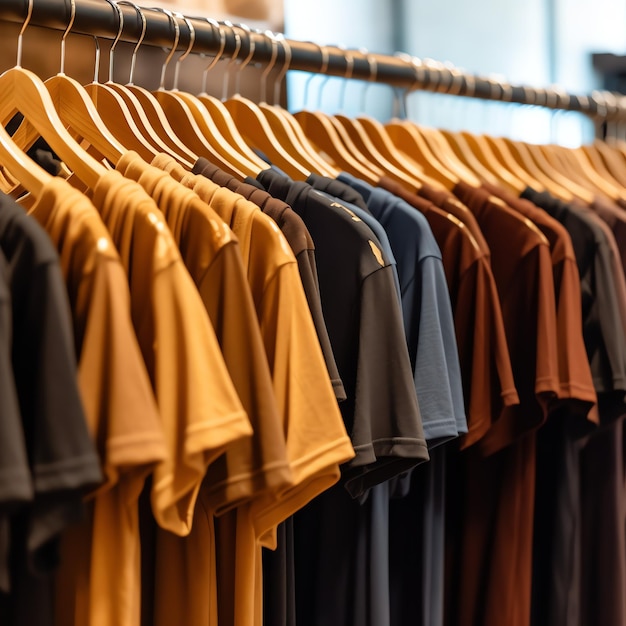 Fila de camisetas polo da moda para homem em cabide de madeira ou rack em uma loja de varejo de roupas