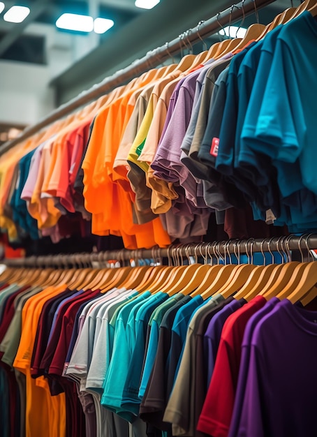 Fila de camisetas polo da moda para homem em cabide de madeira ou rack em uma loja de varejo de roupas