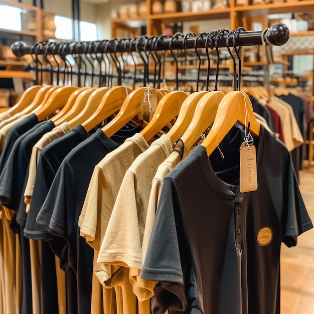 Fila de camisetas polo da moda para homem em cabide de madeira ou rack em uma loja de varejo de roupas