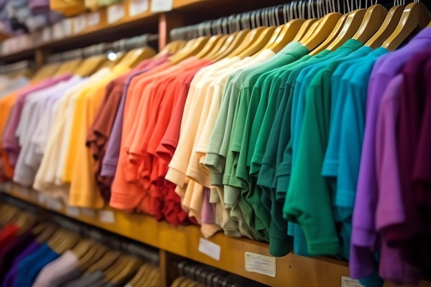 Fila de camisetas polo da moda para homem em cabide de madeira ou rack em uma loja de varejo de roupas