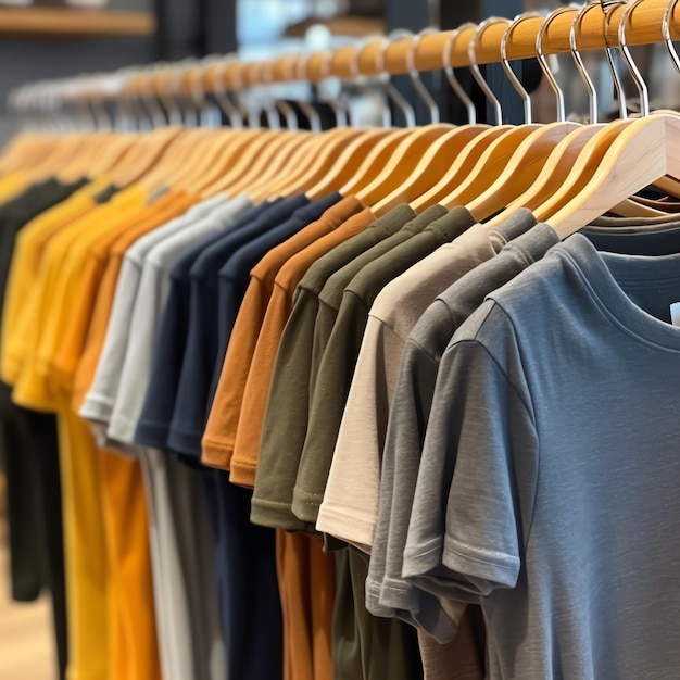 Fila de camisetas polo da moda para homem em cabide de madeira ou rack em uma loja de varejo de roupas