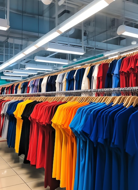 Fila de camisetas polo da moda para homem em cabide de madeira ou rack em uma loja de varejo de roupas