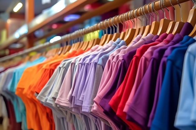 Fila de camisetas polo da moda para homem em cabide de madeira ou rack em uma loja de varejo de roupas