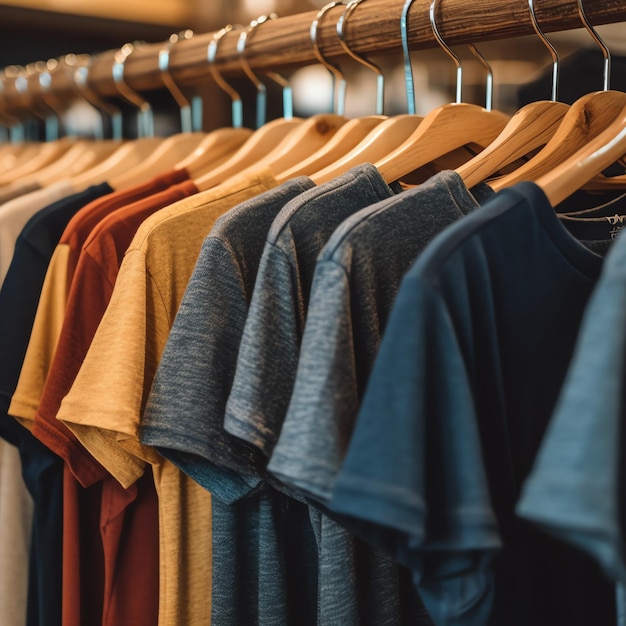 Fila de camisetas polo da moda para homem em cabide de madeira ou rack em uma loja de varejo de roupas