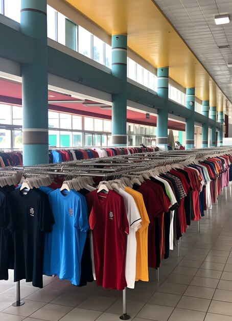 Fila de camisetas polo da moda para homem em cabide de madeira ou rack em uma loja de varejo de roupas