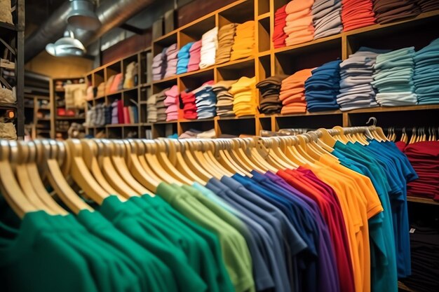 Fila de camisetas polo da moda para homem em cabide de madeira ou rack em uma loja de varejo de roupas