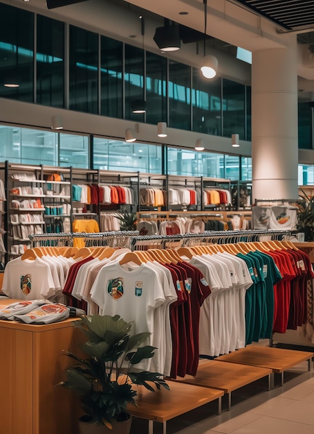 Fila de camisetas polo da moda para homem em cabide de madeira ou rack em uma loja de varejo de roupas