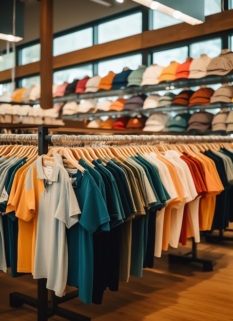 Fila de camisetas polo da moda para homem em cabide de madeira ou rack em uma loja de varejo de roupas