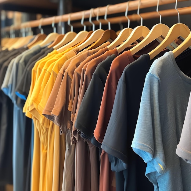 Fila de camisetas polo da moda para homem em cabide de madeira ou rack em uma loja de varejo de roupas