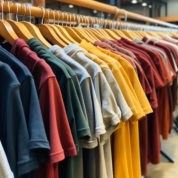 Fila de camisetas polo da moda para homem em cabide de madeira ou rack em uma loja de varejo de roupas