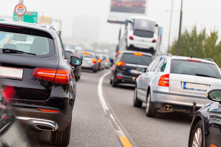Foto fila de carros e caminhões parados na estrada na hora do rush