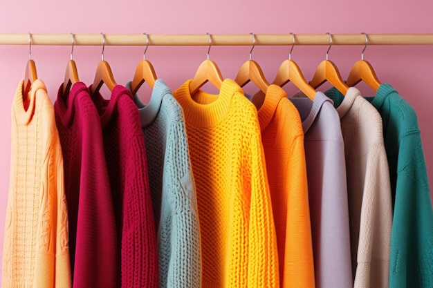 Fila de diferentes suéteres de malha coloridos pendurados em cabides Ilustração generativa de IA