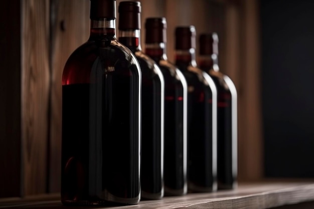 Fila de garrafas de vinho tinto em uma prateleira de madeira criada com IA generativa