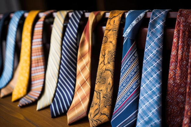 Fila de gravatas cuidadosamente arranjadas em diferentes padrões Generative AI