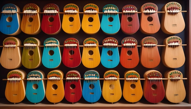 fila de kalimbas e mbiras coloridas dispostas cuidadosamente em uma prateleira em um centro cultural africano