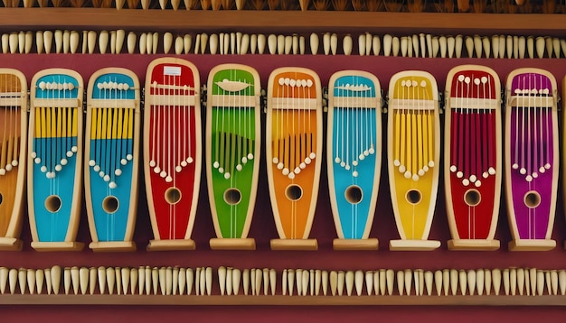 Foto fila de kalimbas e mbiras coloridas dispostas cuidadosamente em uma prateleira em um centro cultural africano