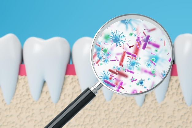 Fila de dientes y encías con lupa que muestra bacterias sobre fondo azul. Concepto de higiene y cuidado dental. representación 3d