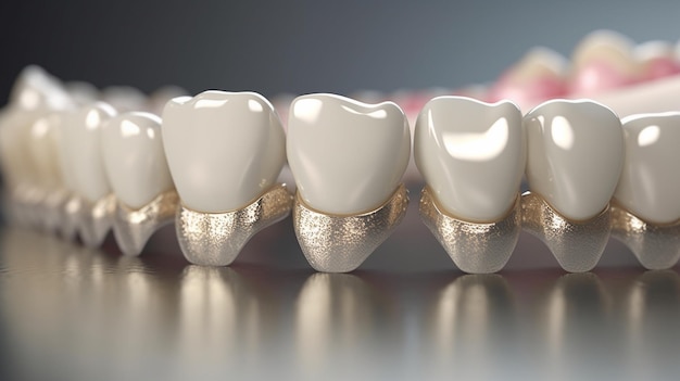 Una fila de dientes con papel de aluminio dorado y la palabra diente en la parte superior.