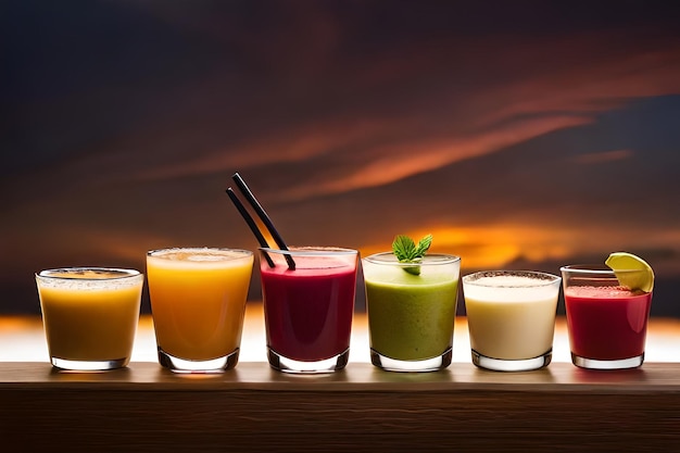 una fila de diferentes bebidas con diferentes colores de diferentes colores.