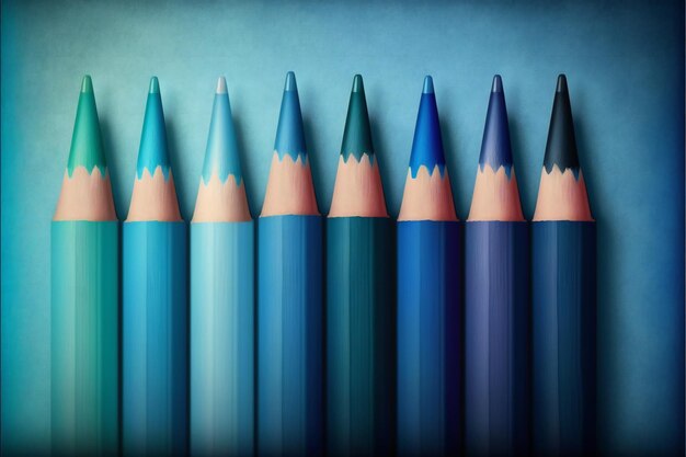 Una fila de diferentes crayones azules sobre colores abstractos de fondo azul