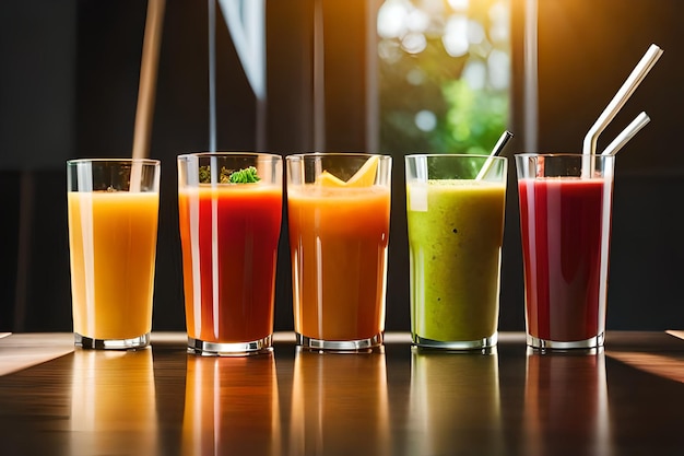 Una fila de diferentes jugos en una mesa.