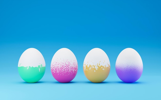 Fila de divertidos huevos de Pascua decorados con diferentes colores y diseños 3D render ilustración Fila de huevos de Pascua felices en colores de moda sobre fondo azul copia espacio 3D renderizado