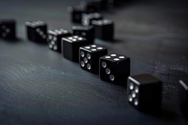Una fila de dominós de pie en una superficie oscura