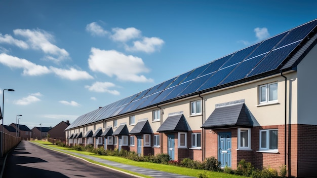 Una fila de edificio moderno con panel solar en el techo