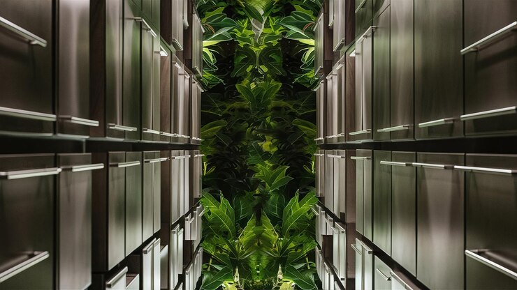 Una fila de elegantes armarios modernos con una planta verde vibrante en el fondo