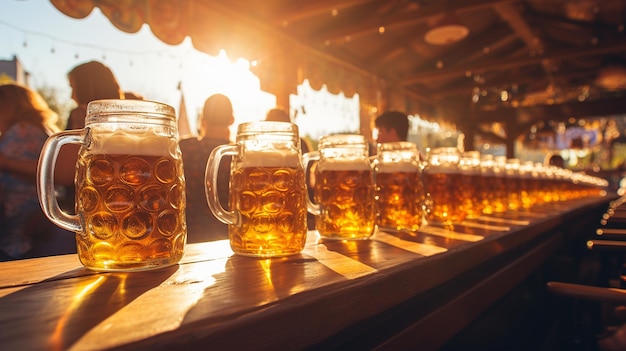 Fila de enormes jarras de cerveza colocadas en una barra de madera iluminada por el sol de la tarde rodeada de gente celebrando el Oktoberfest